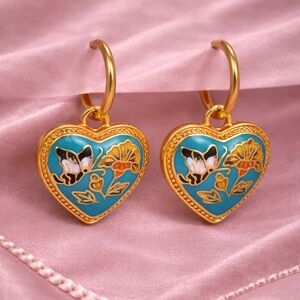 Vintage Ethnic Blue Enamel 18K Gold Stainless Steel Gold Heart Earrings